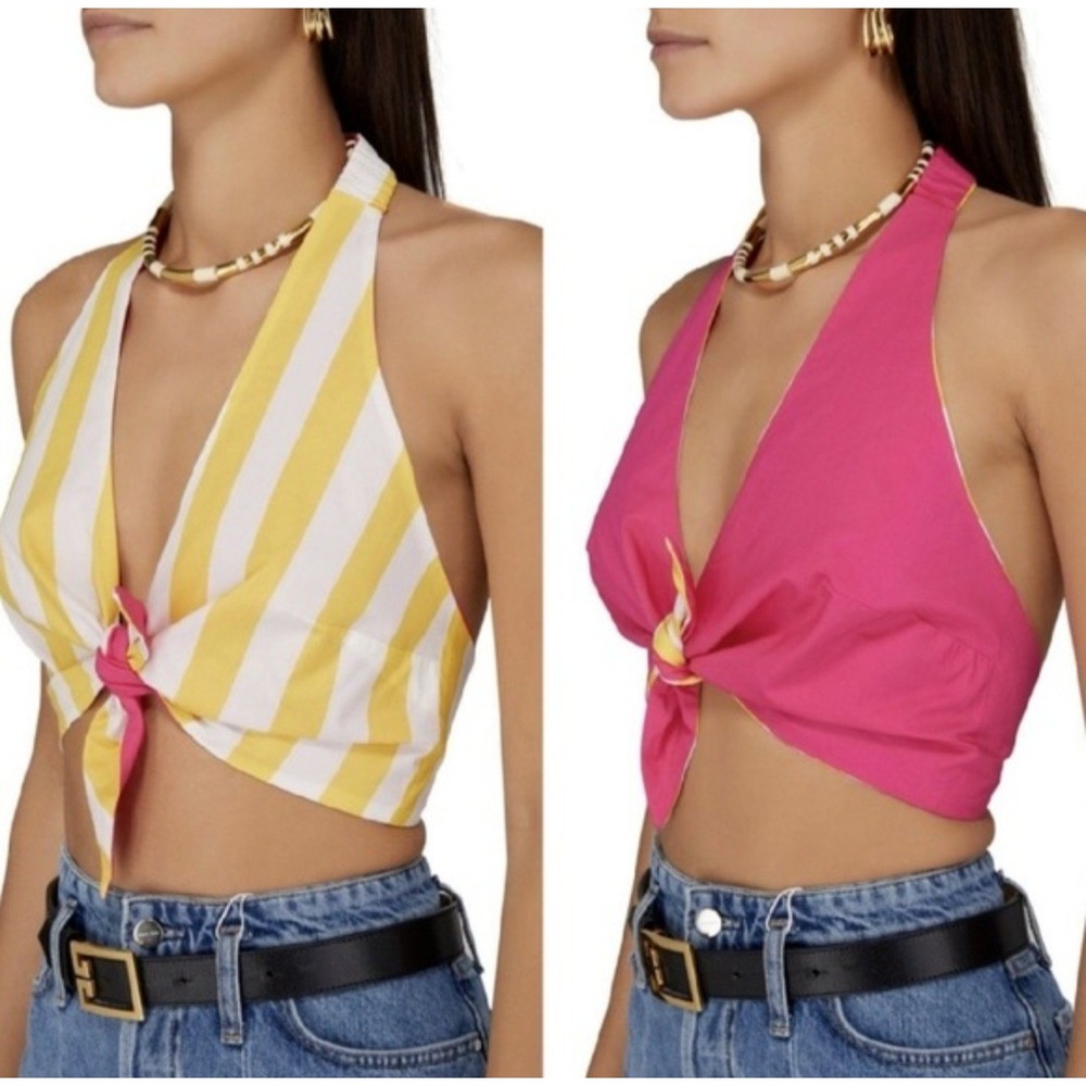 Farm Rio Reversible Halter Crop Top Yellow White Stripe Pink Tie Front Size M